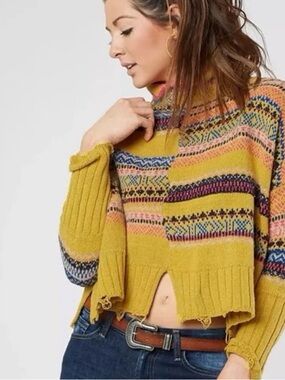 Free People Mustard Multi Fair Isle Knit Sweater